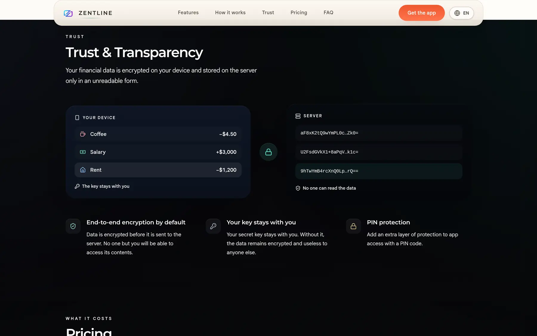 Finsight — end-to-end encryption: readable data on device, ciphertext on the server